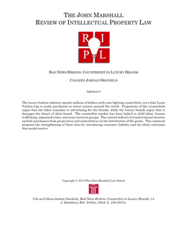 Counterfeit in Luxury Brands, 14 J. MARSHALL REV. INTELL. PROP. L. 249 (2015)