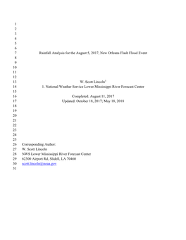 1 2 3 4 5 6 Rainfall Analysis for the August 5, 2017, New Orleans Flash Flood Event 7 8 9 10 11 12 W. Scott Lincoln1 13 1. Natio