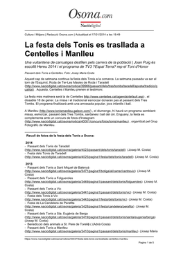 La Festa Dels Tonis Es Trasllada a Centelles I Manlleu