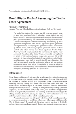 Durability in Darfur? Assessing the Darfur Peace Agreement