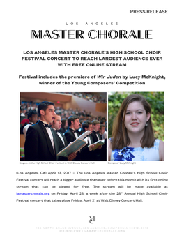 Press Release Los Angeles Master Chorale's High School Choir Festival Concert to Reach Largest Audience Ever with Free Online