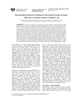 Sand Intermittent Filtration Technology for Safer Domestic Sewage Treatment *1PRASAD, G; 1RAJEEV RAJPUT; 2CHOPRA, a K 1Department of Zoology and Environmental Science