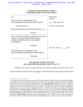 UNITED STATES DISTRICT COURT for the DISTRICT of PUERTO RICO in Re: the FINANCIAL OVERSIGHT and MANAGEMENT BOARD for PUERTO