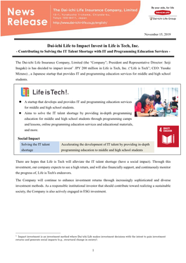 Dai-Ichi Life to Impact Invest in Life Is Tech, Inc. - Contributing to Solving the IT Talent Shortage with IT and Programming Education Services