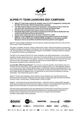 Alpine F1 Team Launches 2021 Campaign