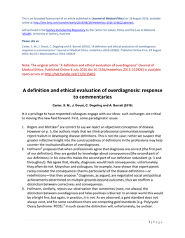 A Definition and Ethical Evaluation of Overdiagnosis: Response to Commentaries.