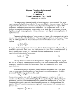 Physical Chemistry Laboratory I CHEM 445 Experiment 6 Vapor Pressure of a Pure Liquid (Revised, 01/10/03)