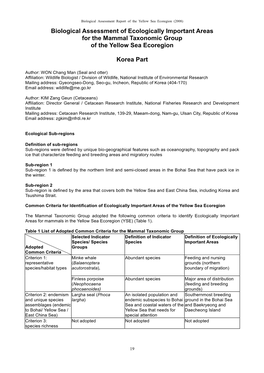 Biological Assessment of Ecologically Important Areas for the Mammal Taxonomic Group of the Yellow Sea Ecoregion