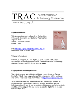 Archaeology and the Search for Authenticity: Colonialist, Nationalist, and Berberist Visions of an Algerian Past Author: Corisande Fenwick Pages: 75–88