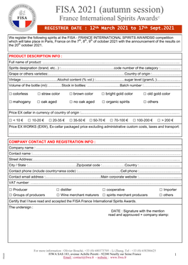 FISA 2021 (Autumn Session) France International Spirits Awards© REGISTRER DATE : 12Th March 2021 to 17Th Sept.2021