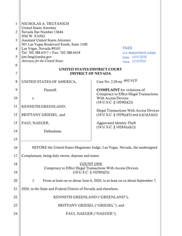 KENNETH GREENLAND, Illegal Transactions with Access Devices 12 BRITTANY GRIESEL, and (18 U.S.C