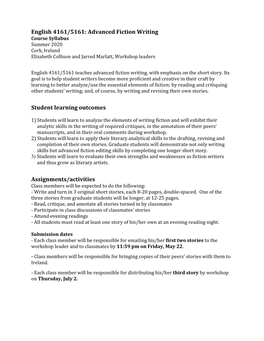 Advanced Fiction Writing Student Learning Outcomes Assignments