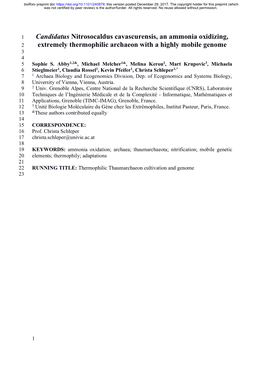Candidatus Nitrosocaldus Cavascurensis, an Ammonia Oxidizing, 2 Extremely Thermophilic Archaeon with a Highly Mobile Genome 3 4 5 Sophie S