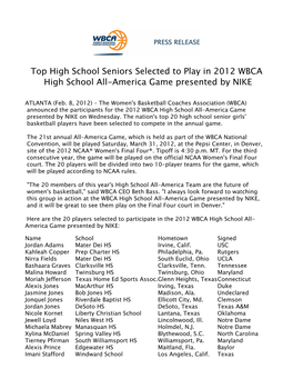 Top High School Seniors Selected to Play in 2012 WBCA High School All-America Game Presented by NIKE