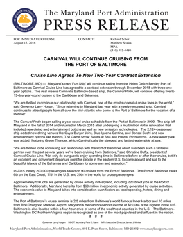 Carnival Will Continue Cruising from the Port of Baltimore