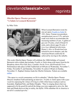 Oberlin Opera Theater Presents “A Salute to Leonard Bernstein” by Mike Telin