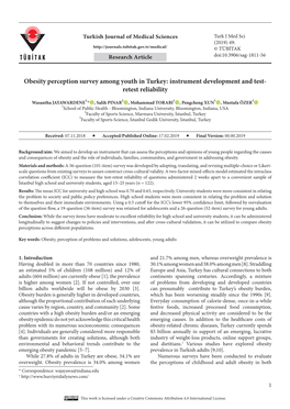 Obesity Perception Survey Among Youth in Turkey: Instrument Development and Test- Retest Reliability