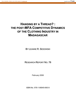 Hanging by a Thread? : the Post-Mfa Competitive Dynamics of the Clothing Industry in Madagascar