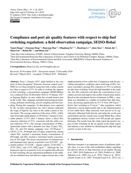 Compliance and Port Air Quality Features with Respect to Ship Fuel Switching Regulation: a ﬁeld Observation Campaign, SEISO-Bohai