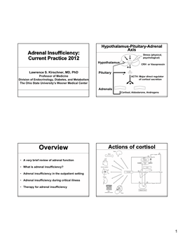 Adrenal Insufficiency: Stress (Physical, Current Practice 2012 Psychological) Hypothalamus - CRH Or Vasopressin + Lawrence S