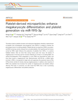 Platelet-Derived Microparticles Enhance Megakaryocyte Differentiation and Platelet Generation Via Mir-1915-3P