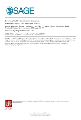 Becoming Visible: Black Lesbian Discussions Author(S): Carmen, Gail, Shaila and Pratibha Source: Feminist Review , Autumn, 1984, No