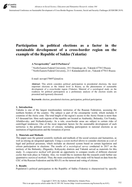 Participation in Political Elections As a Factor in the Sustainable Development of a Cross-Border Region on the Example of the Republic of Sakha (Yakutia)