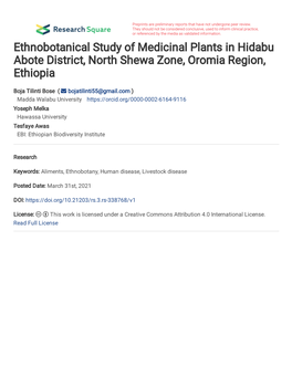 ETHNOBOTANICAL STUDY of MEDICI NA L PLANTS in HIDAB U ABO TE DISTRICT, NORTH SHEWA ZONE, OROMIA REGION, ETHIOPIA Boja Tilinti