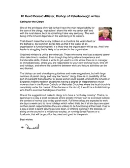 Rt Revd Donald Allister, Bishop of Peterborough Writes