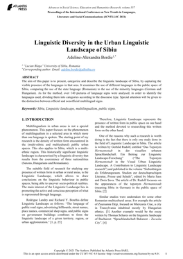 Linguistic Diversity in the Urban Linguistic Landscape of Sibiu Adeline-Alexandra Berdie1,*