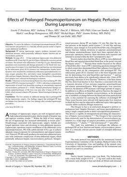 Effects of Prolonged Pneumoperitoneum on Hepatic Perfusion During Laparoscopy Lisette T