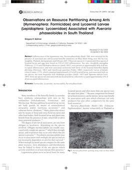 (Hymenoptera: Formicidae) and Lycaenid Larvae (Lepidoptera: Lycaenidae) Associated with Pueraria Phaseoloides in South Thailand