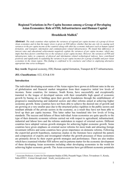 Regional Variations in Per Capita Incomes Among a Group of Developing Asian Economies: Role of FDI, Infrastructures and Human Capital