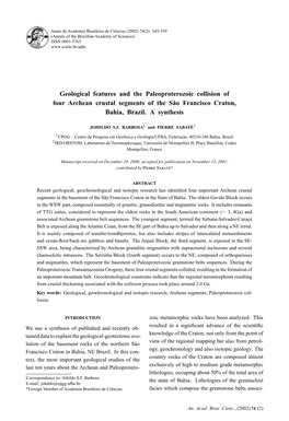 Geological Features and the Paleoproterozoic Collision of Four Archean Crustal Segments of the São Francisco Craton, Bahia, Brazil