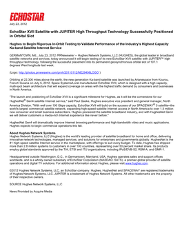 Echostar XVII Satellite with JUPITER High Throughput Technology Successfully Positioned in Orbital Slot