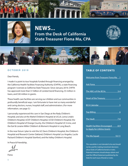 NEWS... from the Desk of California State Treasurer Fiona Ma, CPA