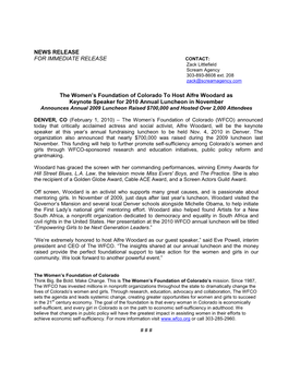 NEWS RELEASE for IMMEDIATE RELEASE the Women's