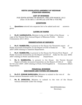 Sixth Legislative Assembly of Mizoram (Thirteen Session)