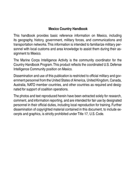Mexico Country Handbook This Handbook Provides Basic Reference Information on Mexico, Including Its Geography, History, Governme