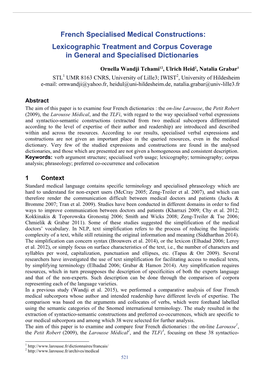 French Specialised Medical Constructions: Lexicographic Treatment and Corpus Coverage in General and Specialised Dictionaries