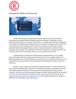Managing the Plethora of Passwords