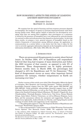 HOW HOMOPHILY AFFECTS the SPEED of LEARNING and BEST-RESPONSE DYNAMICS Benjamin Golub Matthew O