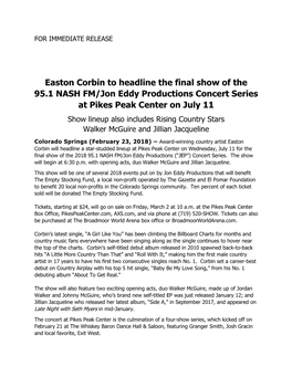 Easton Corbin to Headline the Final Show of the 95.1 NASH FM/Jon