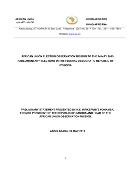 African Union Election Observation Mission to the 24 May 2015 Parliamentary Elections in the Federal Democratic Republic of Ethiopia