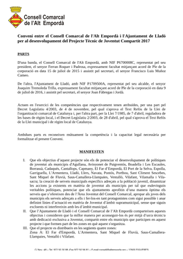 Conveni Entre El Consell Comarcal De L'alt Empordà I L'ajuntament De Lladó Per Al Desenvolupament Del Projecte Tècnic De Joventut Compartit 2017