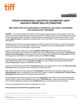 News Release. Toronto International Film Festival