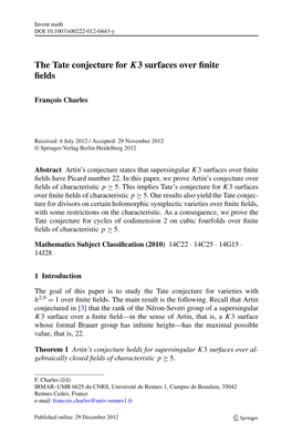 The Tate Conjecture for K3 Surfaces Over Finite Fields