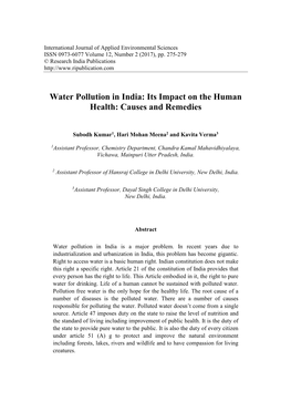 Water Pollution in India: Its Impact on the Human Health: Causes and Remedies