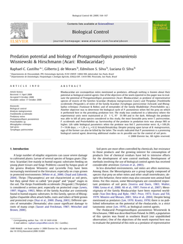 Predation Potential and Biology of Protogamasellopsis Posnaniensis Wisniewski & Hirschmann (Acari: Rhodacaridae)