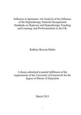 An Analysis of the Influence of the Hypnotherapy National Occupational Standards on Hypnosis and Hypnotherapy Teaching and Learning, and Professionalism in the UK